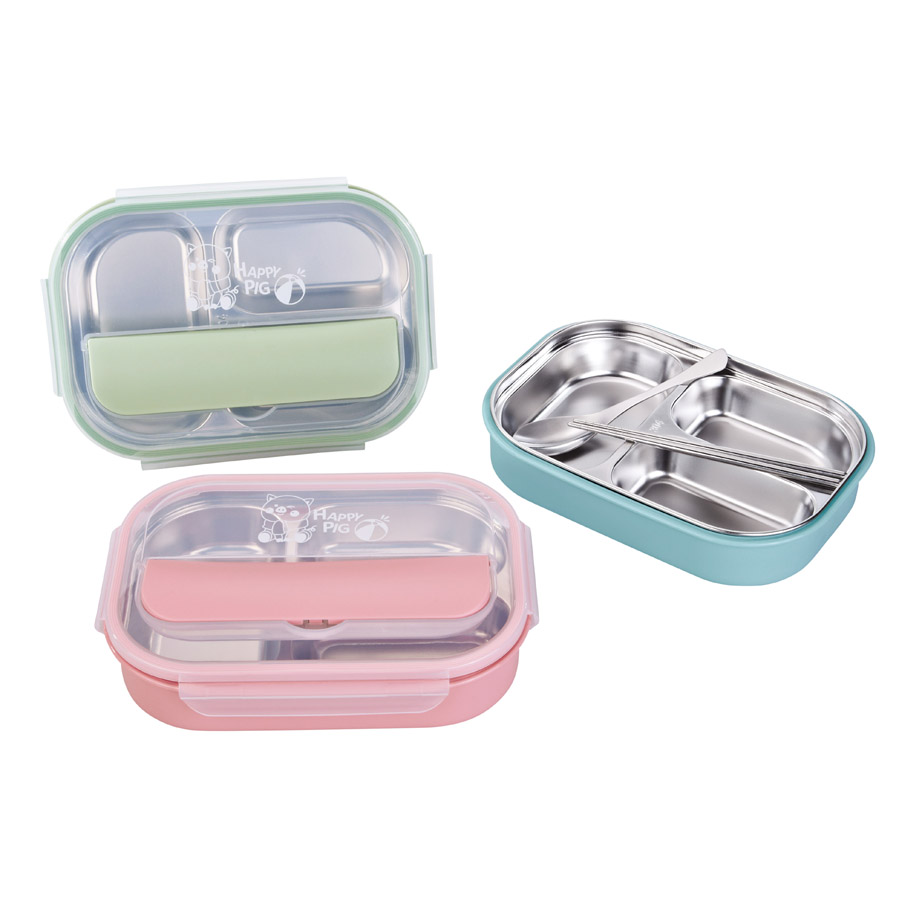 R-8845 美時(shí)不銹鋼套裝飯盒（3格）材質(zhì)：PP+304不銹鋼 產(chǎn)品尺寸：（cm）長(cháng)25.5x寬18.2x高6.jpg