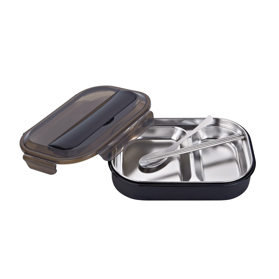 R-8844 黑色 美時(shí)不銹鋼套裝飯盒（2格）材質(zhì)：PP+304不銹鋼 產(chǎn)品尺寸：（cm）長(cháng)25.5x寬18.2x高6.jpg