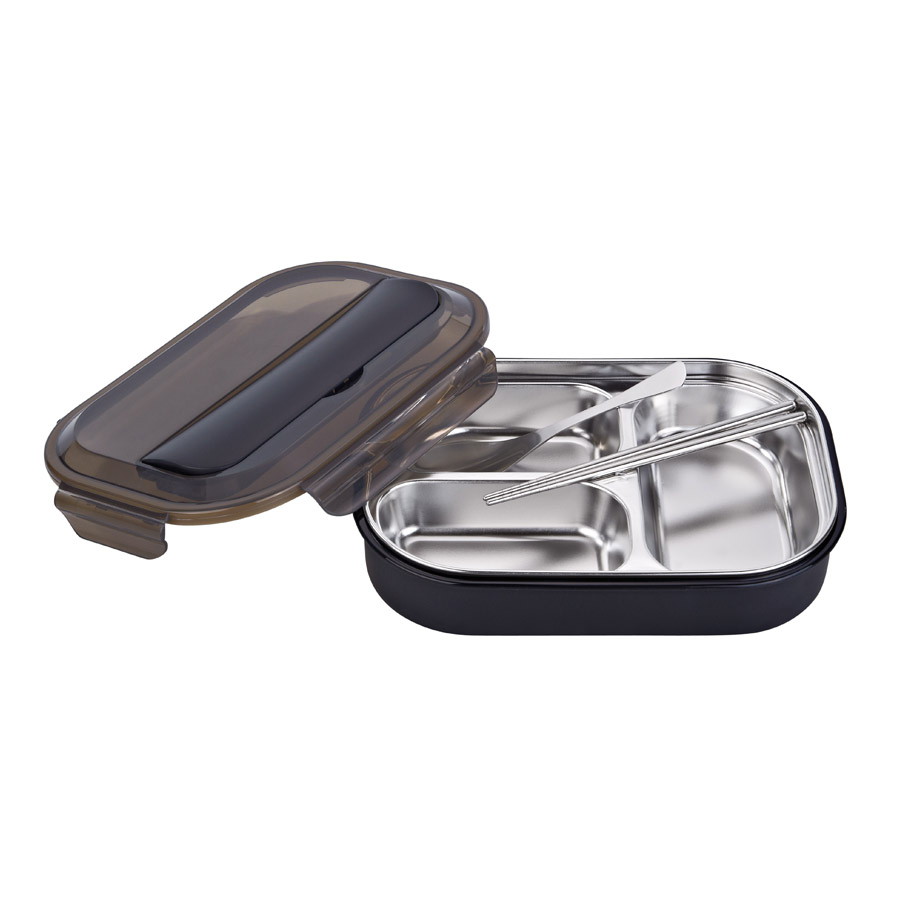 R-8845 黑色 美時(shí)不銹鋼套裝飯盒（3格）材質(zhì)：PP+304不銹鋼 產(chǎn)品尺寸：（cm）長(cháng)25.5x寬18.2x高6.