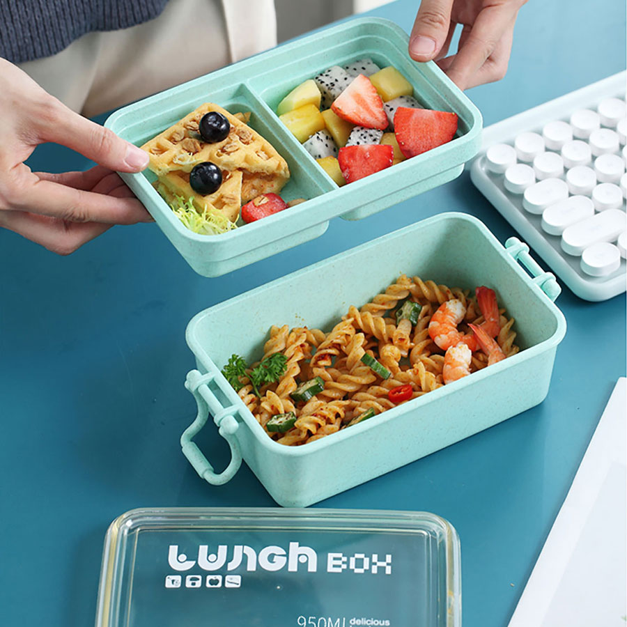 麥秸長(cháng)方形雙層飯盒